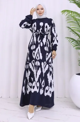 Viskose Stoff Gemustertes Kleid Mit Gürtel 2033-04 Marineblau Weiß 2033-04