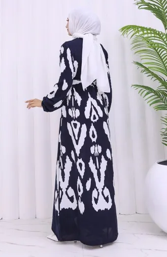 Viskose Stoff Gemustertes Kleid Mit Gürtel 2033-04 Marineblau Weiß 2033-04