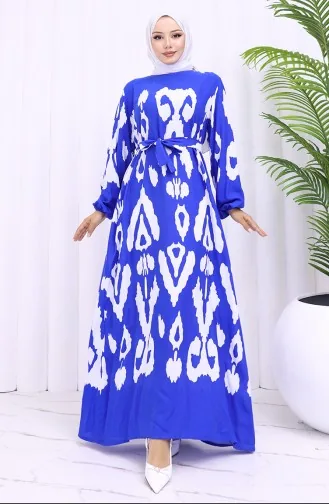 Viscose Fabric Patterned Belted Dress 2033-05 Saks White 2033-05