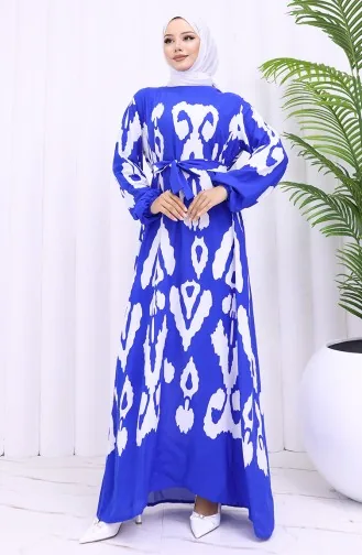 Viscose Fabric Patterned Belted Dress 2033-05 Saks White 2033-05