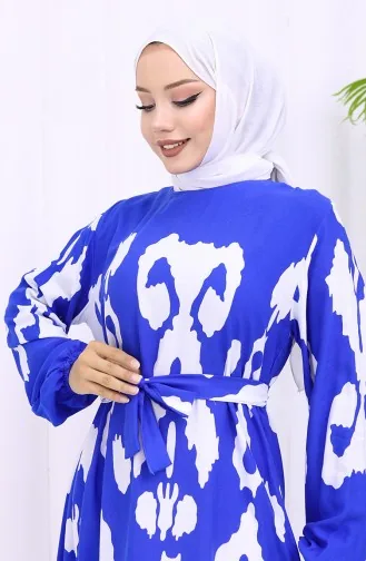 Viscose Fabric Patterned Belted Dress 2033-05 Saks White 2033-05