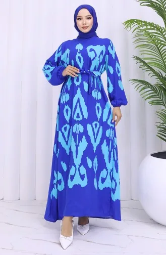 Viskon Kumaş Desenli Kuşaklı Elbise 2033-07 Saks Turkuaz
