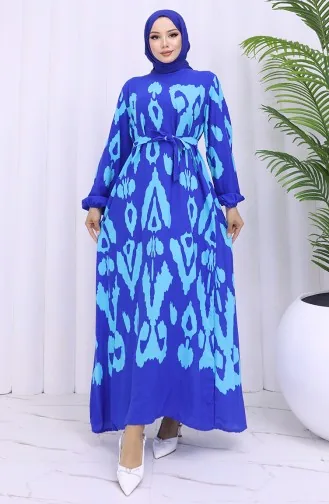 Viskon Kumaş Desenli Kuşaklı Elbise 2033-07 Saks Turkuaz