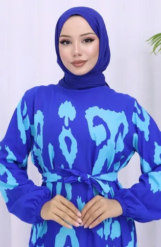 Viskon Kumaş Desenli Kuşaklı Elbise 2033-07 Saks Turkuaz