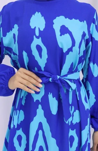 Viskon Kumaş Desenli Kuşaklı Elbise 2033-07 Saks Turkuaz