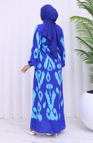 Viskon Kumaş Desenli Kuşaklı Elbise 2033-07 Saks Turkuaz