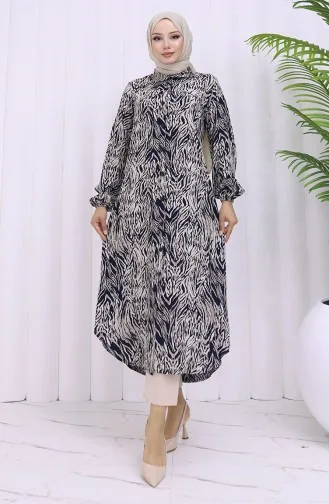 Viskose Stoff Geknöpfte Lange Tunika 2027-03 Marine Blau Beige 2027-03