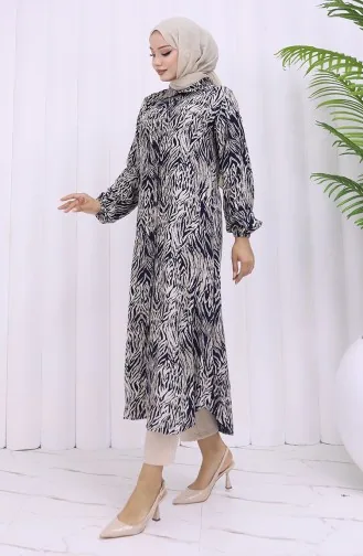 Viskose Stoff Geknöpfte Lange Tunika 2027-03 Marine Blau Beige 2027-03