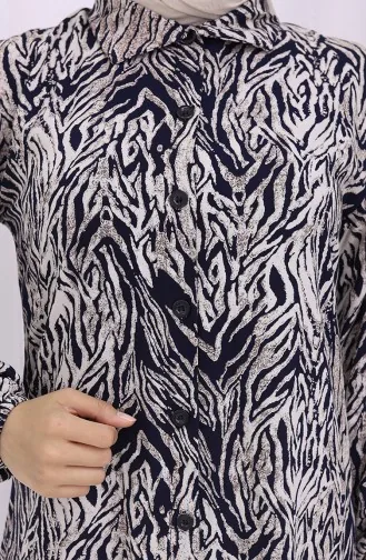 Viskose Stoff Geknöpfte Lange Tunika 2027-03 Marine Blau Beige 2027-03