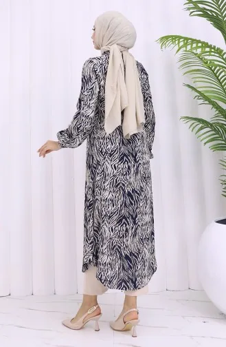 Viskose Stoff Geknöpfte Lange Tunika 2027-03 Marine Blau Beige 2027-03