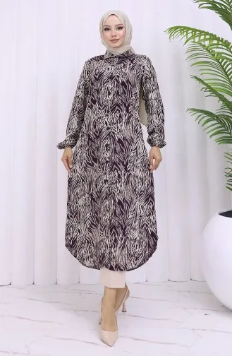 Viskon Kumaş Boydan Düğmeli Uzun Tunik 2027-04 Mürdüm Bej