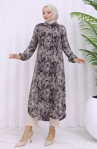 Viskon Kumaş Boydan Düğmeli Uzun Tunik 2027-04 Mürdüm Bej