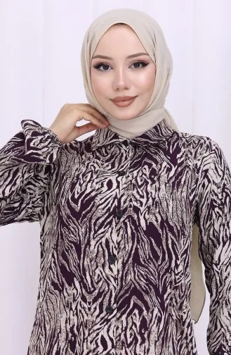 Viskon Kumaş Boydan Düğmeli Uzun Tunik 2027-04 Mürdüm Bej