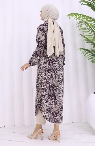 Viskon Kumaş Boydan Düğmeli Uzun Tunik 2027-04 Mürdüm Bej