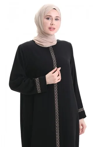 Übergröße Abaya Mit Steinstickerei 5083-01 Schwarz 5083-01