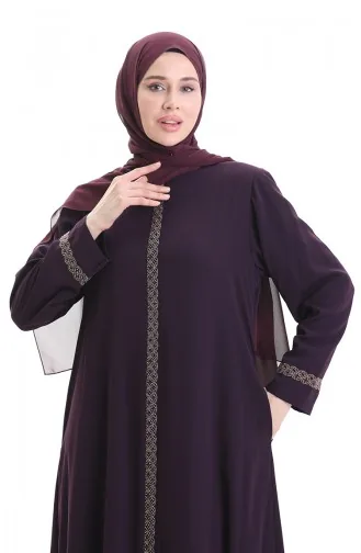 Grosse Abaya Mit Steinstickerei 5083-04 Pflaume 5083-04