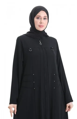 Übergröße Abaya Mit Metallperlen Und Reißverschluss 6148-01 Schwarz 6148-01