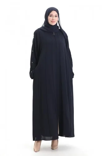 Abaya Zippée Grande Taille Avec Coutures Apparentes 6177-07 Bleu Marine 6177-07