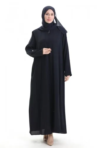 Abaya Zippée Grande Taille Avec Coutures Apparentes 6177-07 Bleu Marine 6177-07