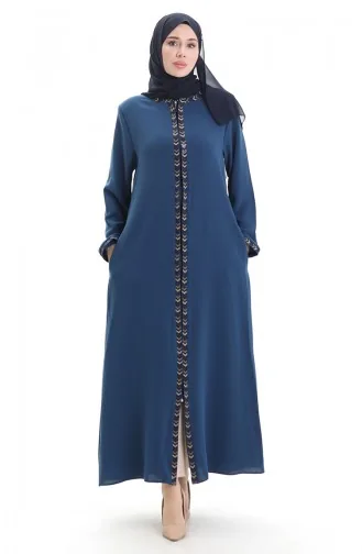 Büyük Beden Petek Kumaş Fermuarlı Ferace 6183-02 İndigo