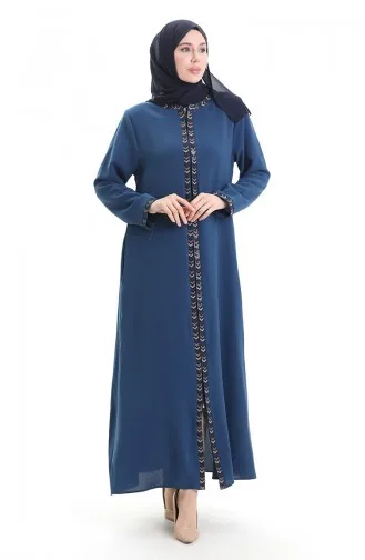 Büyük Beden Petek Kumaş Fermuarlı Ferace 6183-02 İndigo