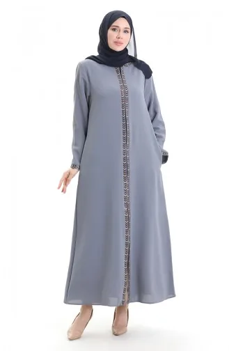Abaya Zippée En Tissu Nid D`abeille Grande Taille 6183-03 Gris 6183-03