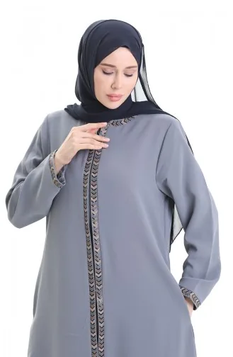 Abaya Zippée En Tissu Nid D`abeille Grande Taille 6183-03 Gris 6183-03