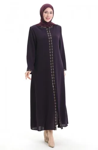 Übergröße Abaya Mit Reißverschluss Und Wabenmuster 6183-06 Pflaume 6183-06