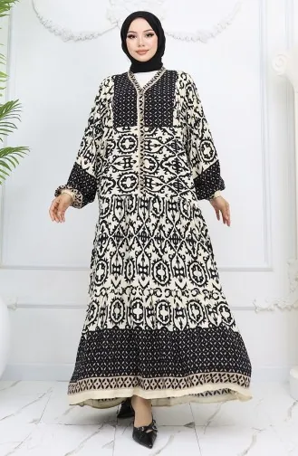 Robe Boutonnée à Motifs En Tissu Viscose 0044-01 Noir Beige 0044-01