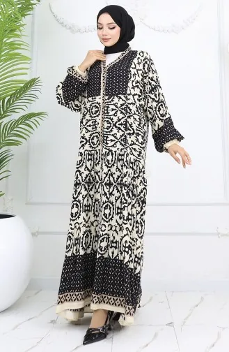 Robe Boutonnée à Motifs En Tissu Viscose 0044-01 Noir Beige 0044-01