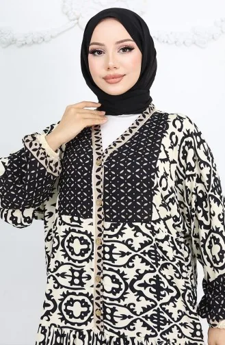 Robe Boutonnée à Motifs En Tissu Viscose 0044-01 Noir Beige 0044-01