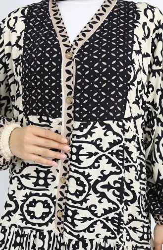 Robe Boutonnée à Motifs En Tissu Viscose 0044-01 Noir Beige 0044-01