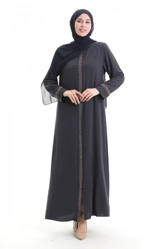 Plus Size Stone Embroidered Abaya 5083-05 Smoke 5083-05