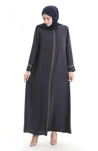 Plus Size Stone Embroidered Abaya 5083-05 Smoke 5083-05