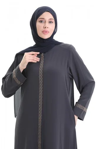Plus Size Stone Embroidered Abaya 5083-05 Smoke 5083-05