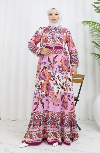 Alaçatı Desenli Viskon Elbise 0334-02 Bej Gül Kurusu