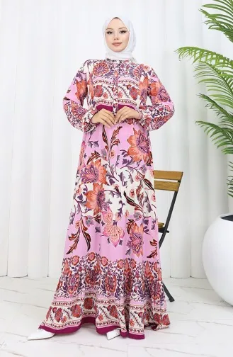 Alaçatı Robe Viscose à Motifs 0334-02 Beige Rose Poudré 0334-02