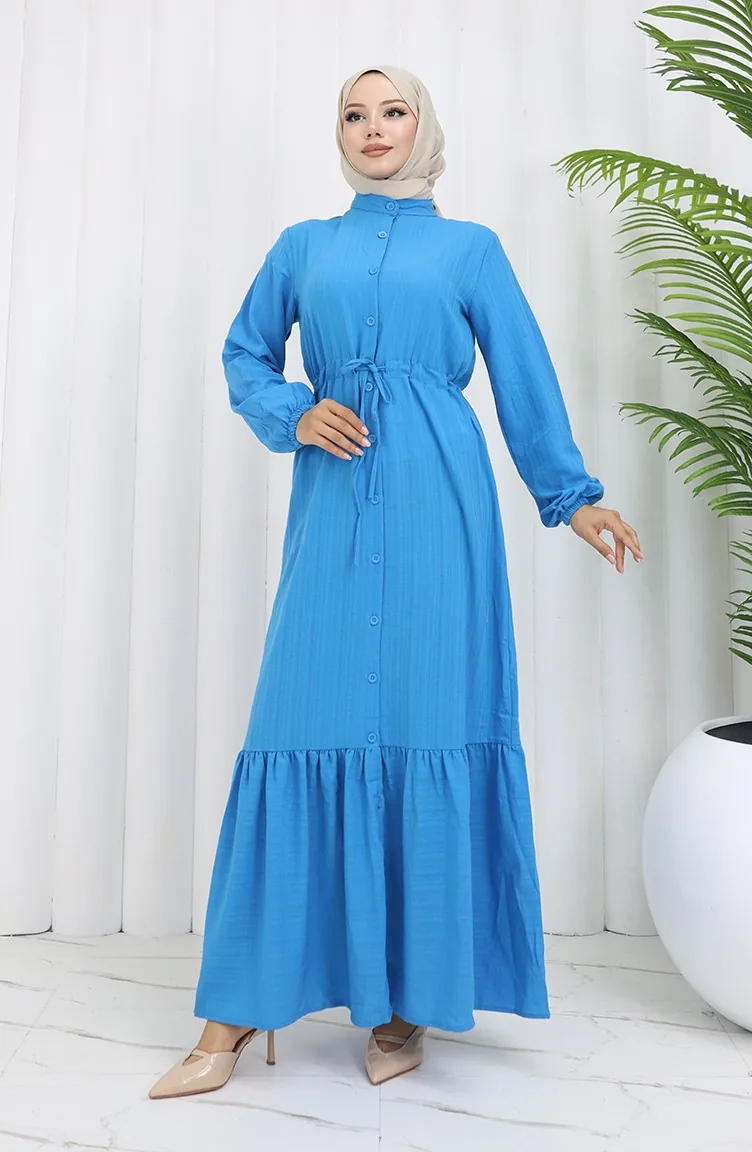 Buttoned All-over Gathered Hem Dress 0351-02 Blue 0351-02