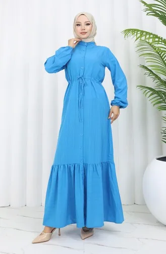 Buttoned All-over Gathered Hem Dress 0351-02 Blue 0351-02