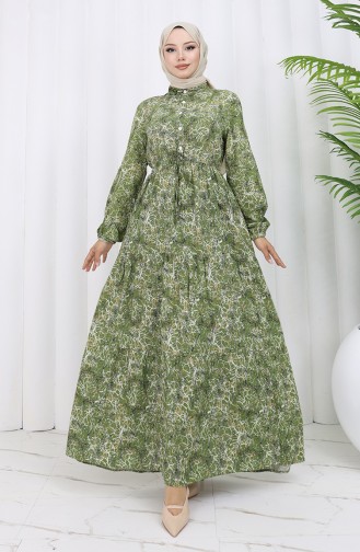 Gemischt Gemustertes Kleid 0352-04 Khaki 0352-04