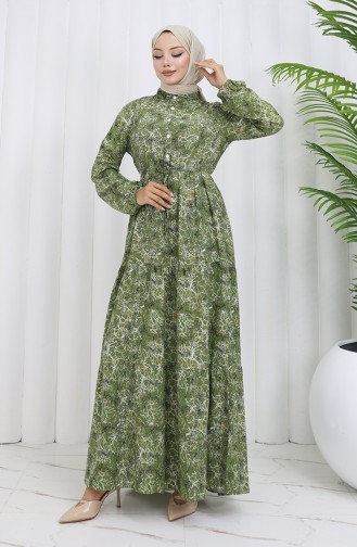 Gemischt Gemustertes Kleid 0352-04 Khaki 0352-04