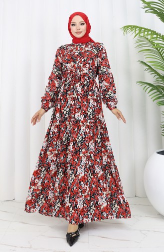 Frühlingskleid Mit Blumenmuster Halb Geknöpft 0361-02 Rot 0361-02