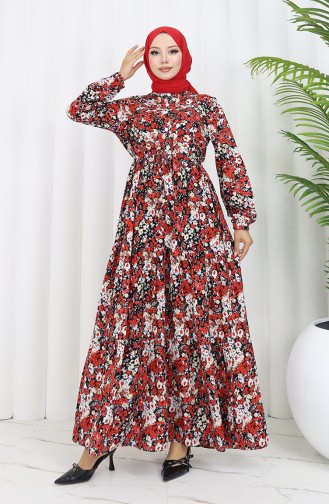 Frühlingskleid Mit Blumenmuster Halb Geknöpft 0361-02 Rot 0361-02