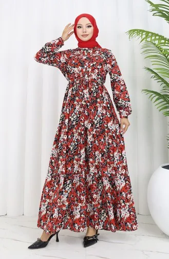 Spring Half Buttoned Floral Patterned Dress 0361-02 Red 0361-02
