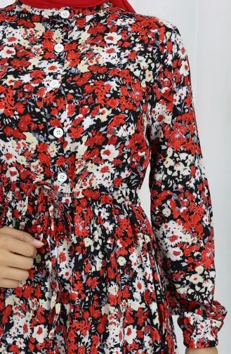 Spring Half Buttoned Floral Patterned Dress 0361-02 Red 0361-02