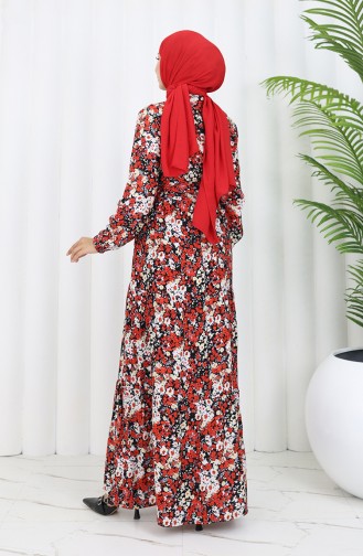 Frühlingskleid Mit Blumenmuster Halb Geknöpft 0361-02 Rot 0361-02