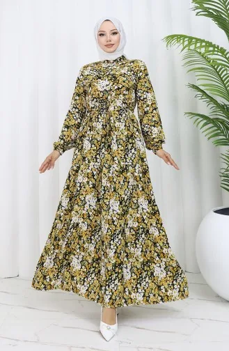 Lente-jurk Met Halve Knopen En Bloemenmotief 0361-05 Geel 0361-05