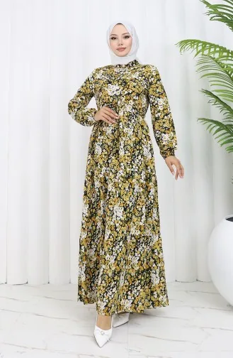 Lente-jurk Met Halve Knopen En Bloemenmotief 0361-05 Geel 0361-05