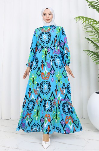 Robe Viscose Colorée Avec Jupe Froncée 0427-02 Turquoise 0427-02