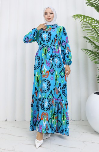 Robe Viscose Colorée Avec Jupe Froncée 0427-02 Turquoise 0427-02
